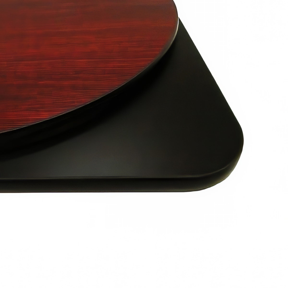 Oak Street MB30R 30-inch round reversible melamine table top showing mahogany side and black side with rubber T-mold edge