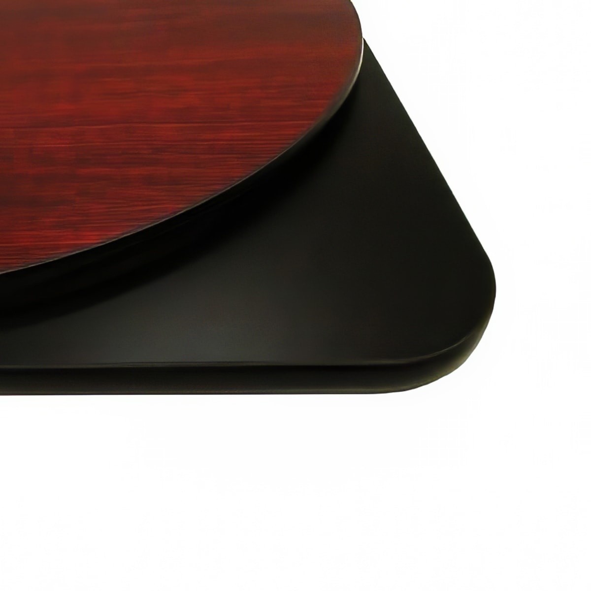 Close-up of Oak Street MB36R reversible table top showing mahogany and black melamine sides with rubber T-mold edge