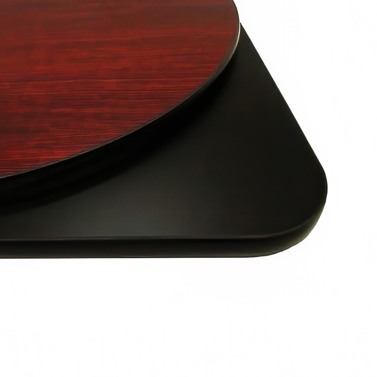 Oak Street MB48R 48-inch round reversible table top showing mahogany finish on top and black finish on the underside with black rubber T-mold edge