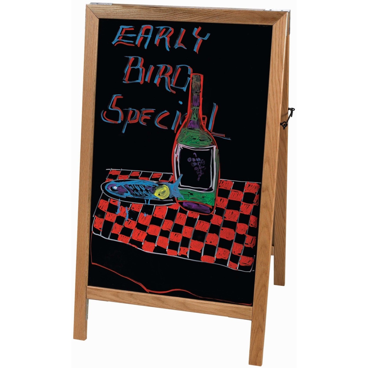 Winco MBAF-5 dual-sided sidewalk A-frame marker board with white oak frame and black Absol-Flat writing surface displaying colorful marker artwork
