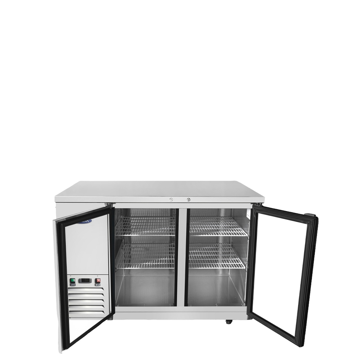Atosa MBB48GGR back bar cooler with both glass doors open showing wire shelves