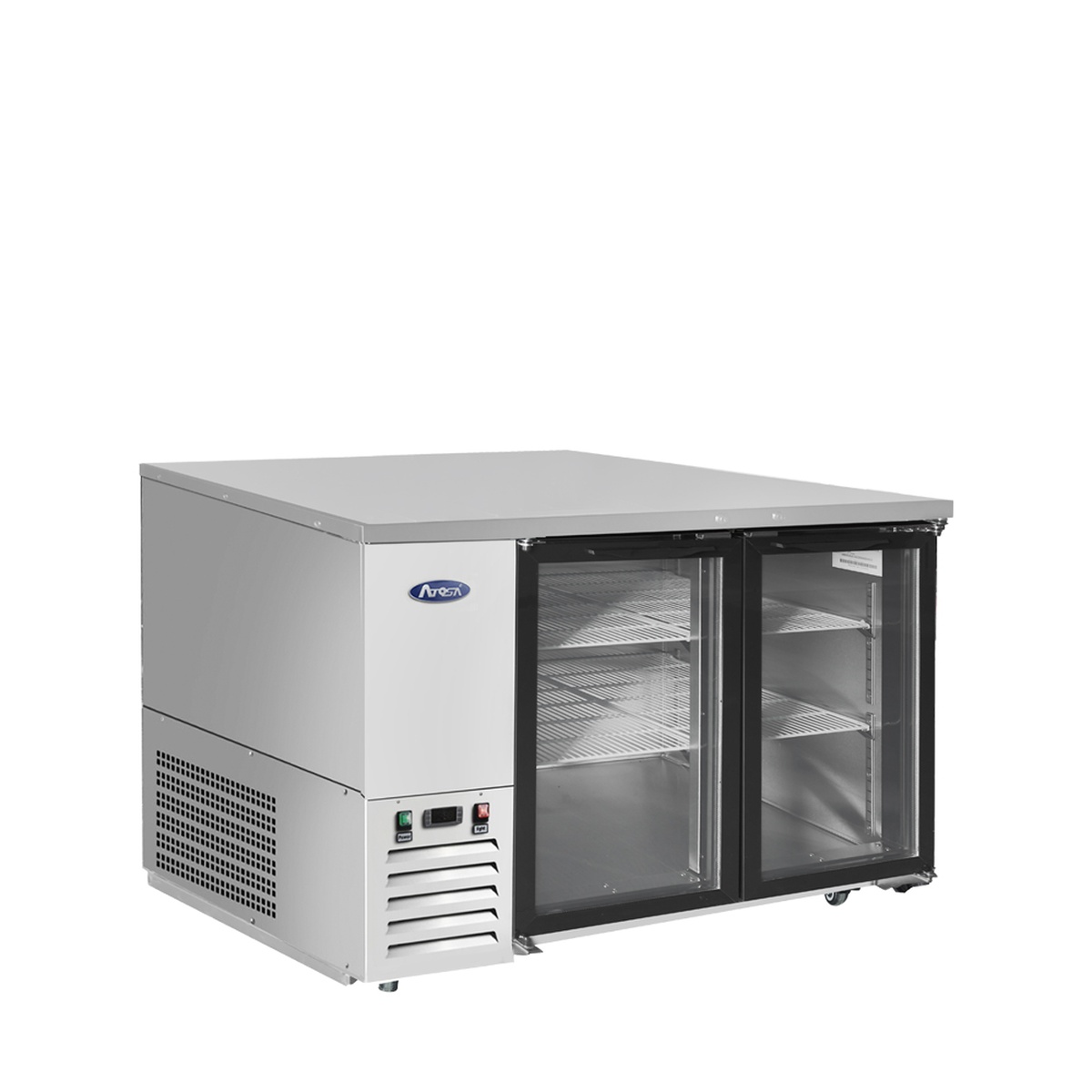 Rear angled view of Atosa MBB48GGR back bar cooler showing side-mounted refrigeration section
