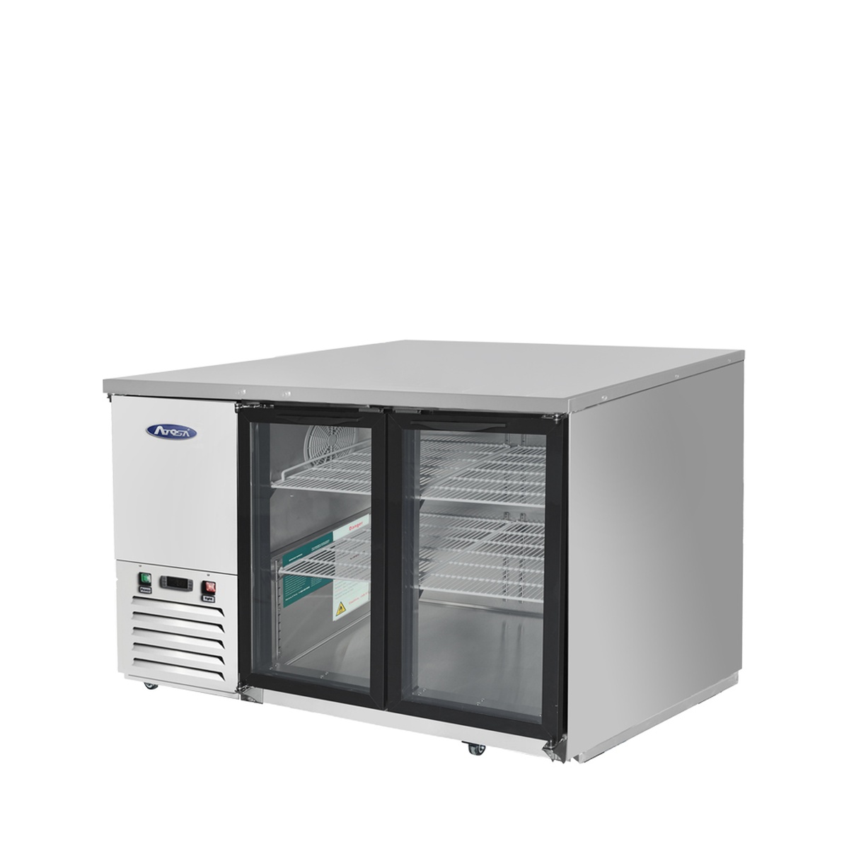 Angled view of Atosa MBB48GGR stainless steel back bar cooler with two glass doors