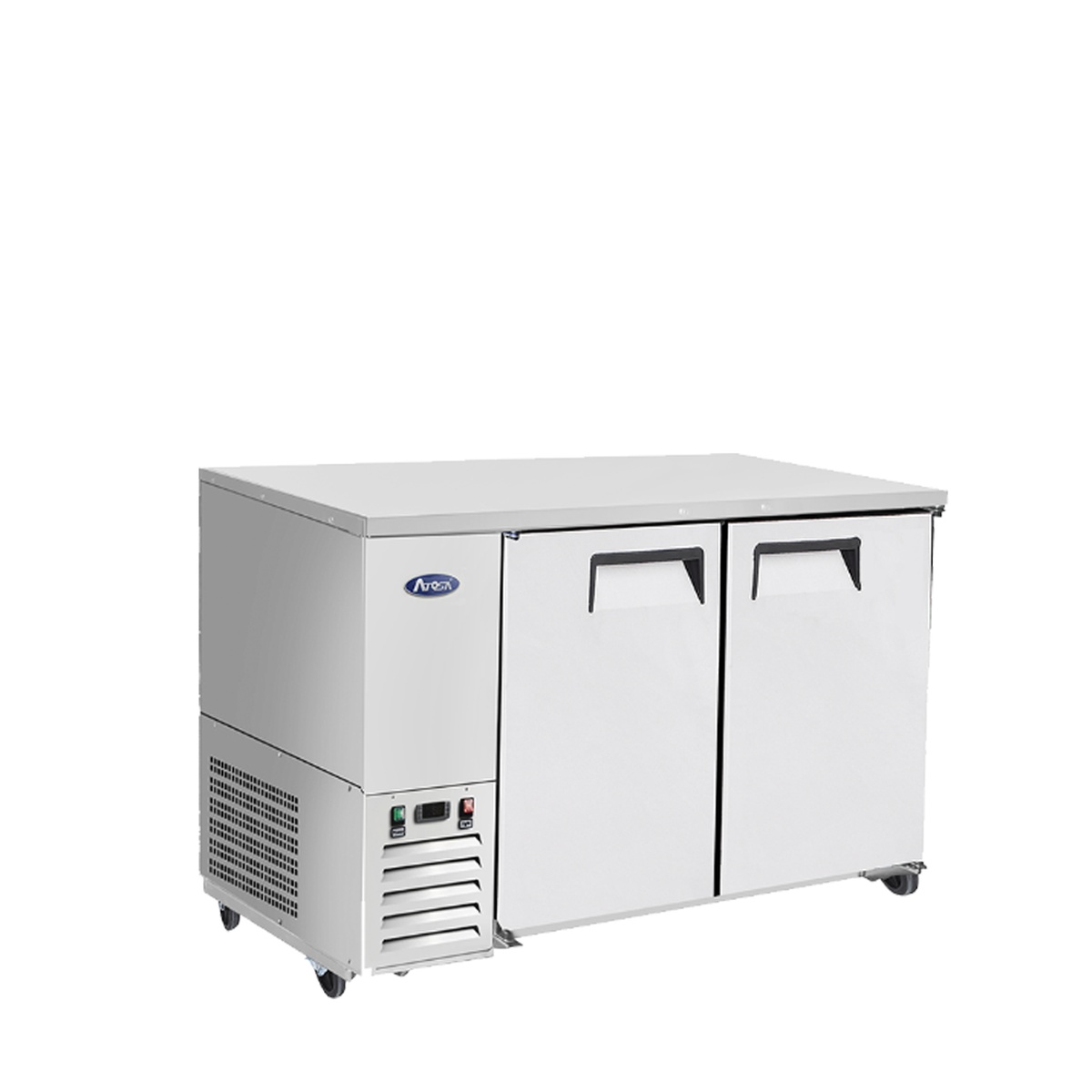 Atosa MBB59GR back bar cooler three-quarter angle view showing side-mounted compressor housing and casters