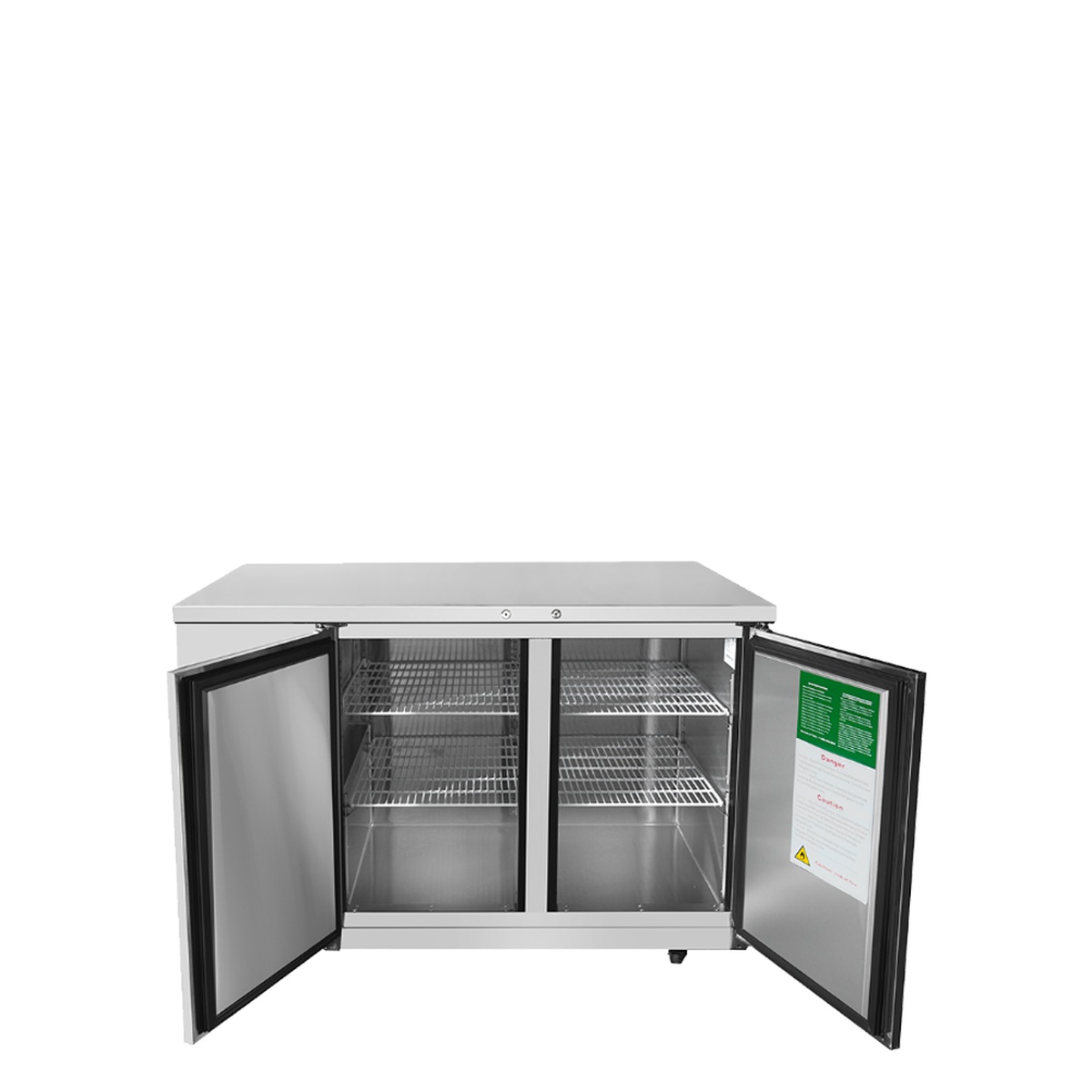 Atosa MBB59GR back bar cooler with both doors open revealing stainless steel interior and wire shelving