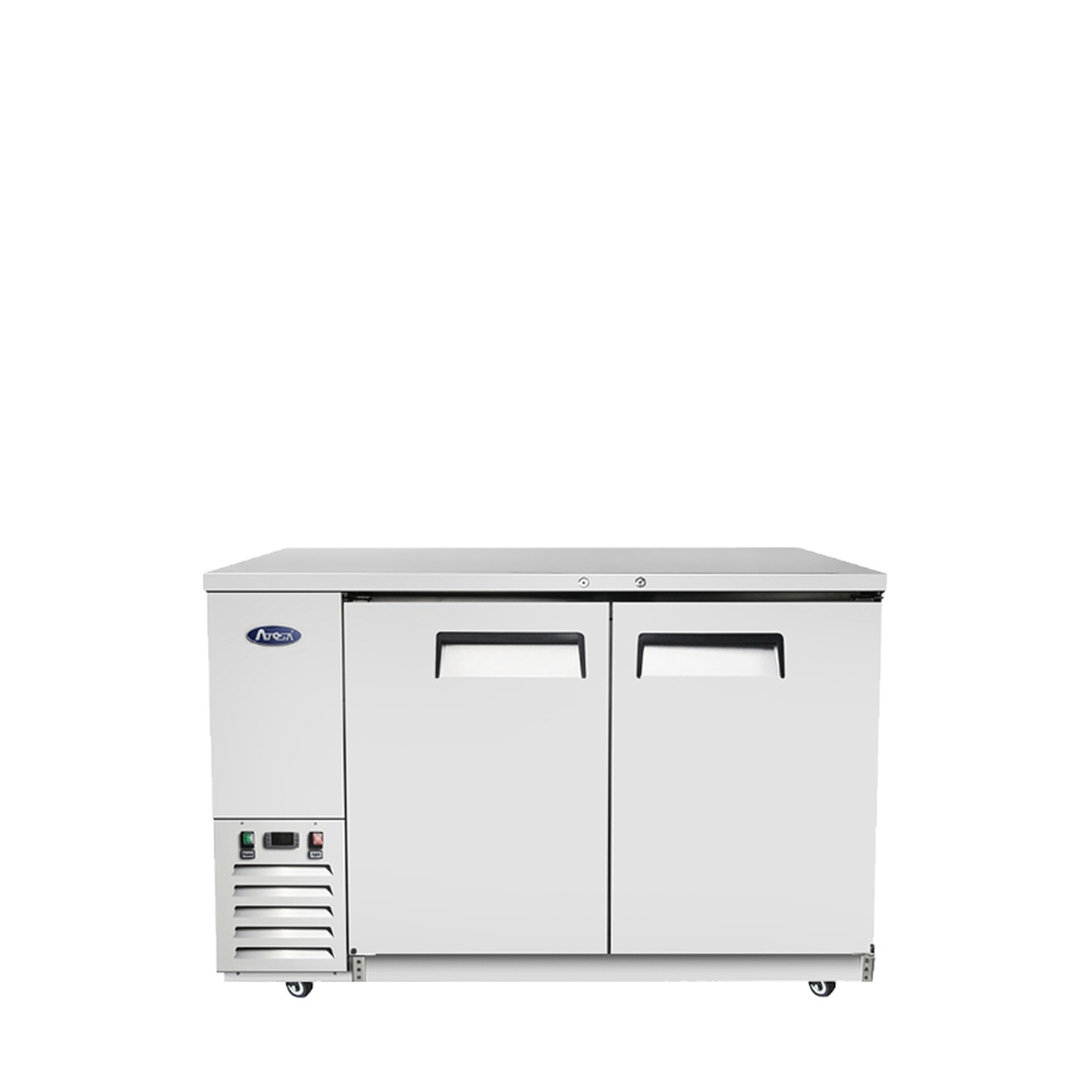 Atosa MBB59GR 59-inch back bar cooler front view with two solid doors and side-mounted compressor