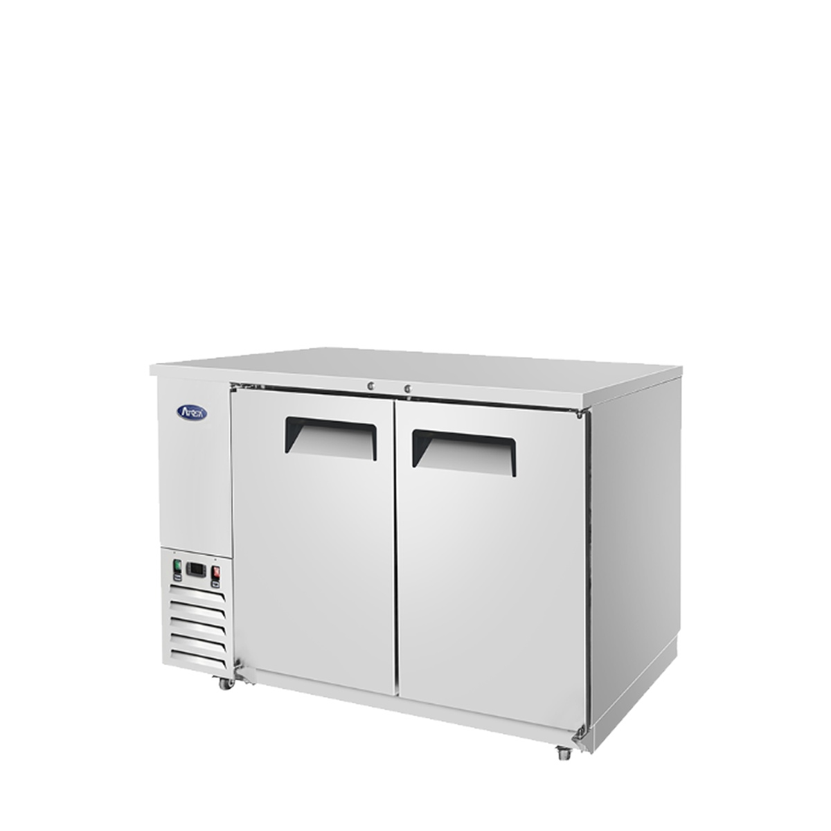 Atosa MBB59GR back bar cooler angled view showing recessed door handles, compressor panel, and casters