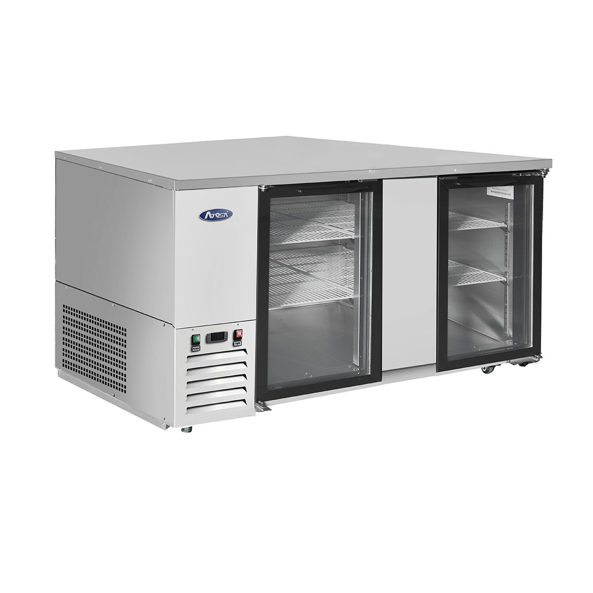 Angled view of Atosa MBB69GGR glass door back bar cooler