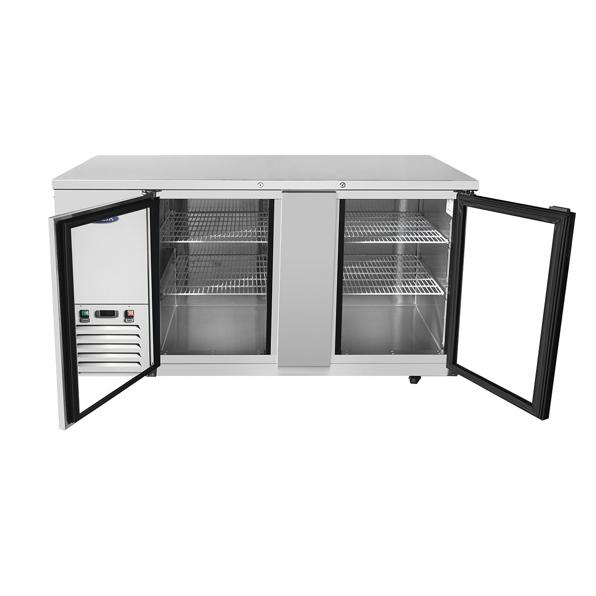 Atosa MBB69GGR back bar cooler with both glass doors open showing interior shelving