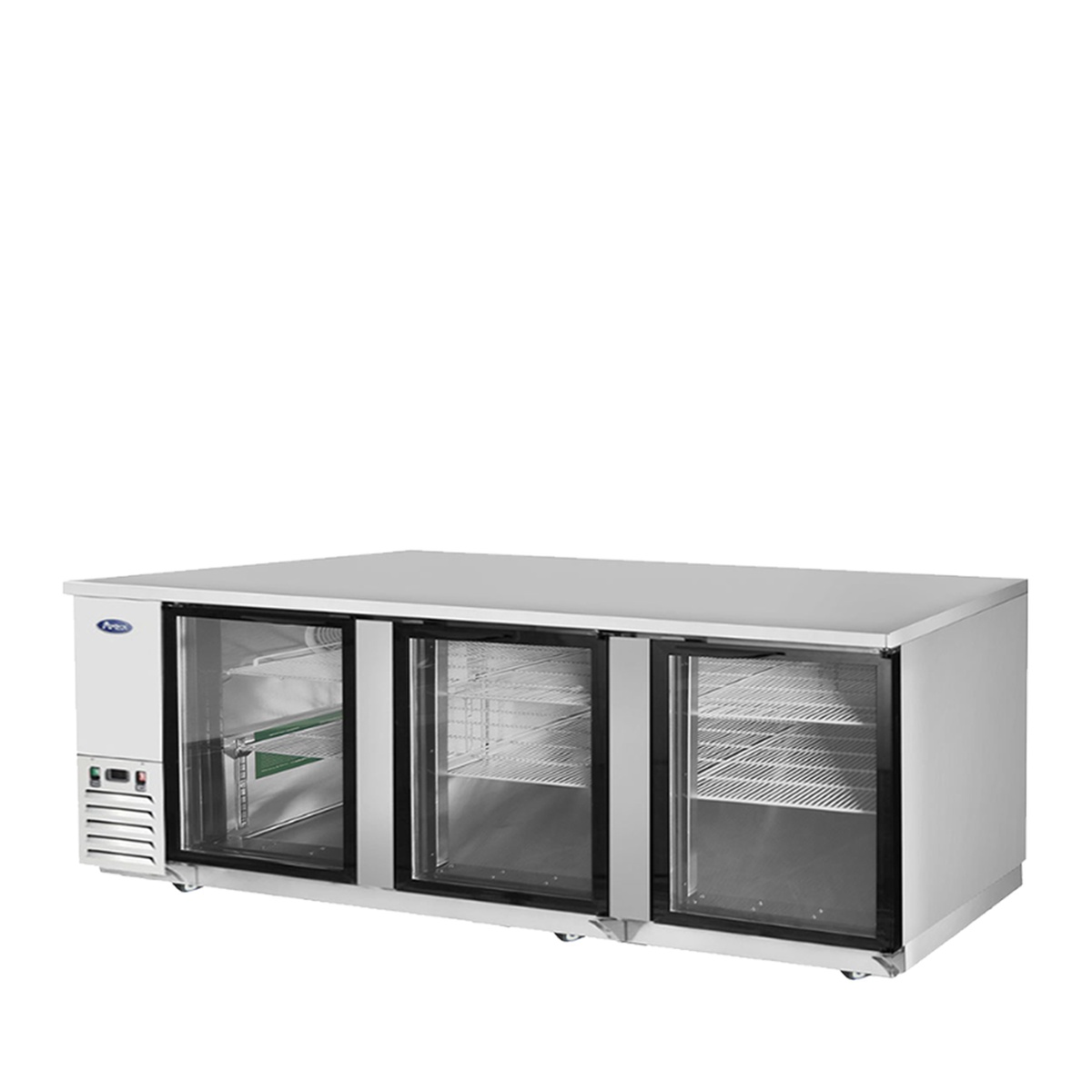 Atosa MBB90GGR back bar cooler, angled three-quarter view showing stainless steel top and glass doors