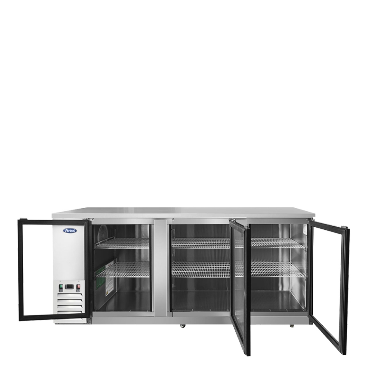 Atosa MBB90GGR back bar cooler with all three glass doors open, revealing stainless steel interior and epoxy-coated wire shelves