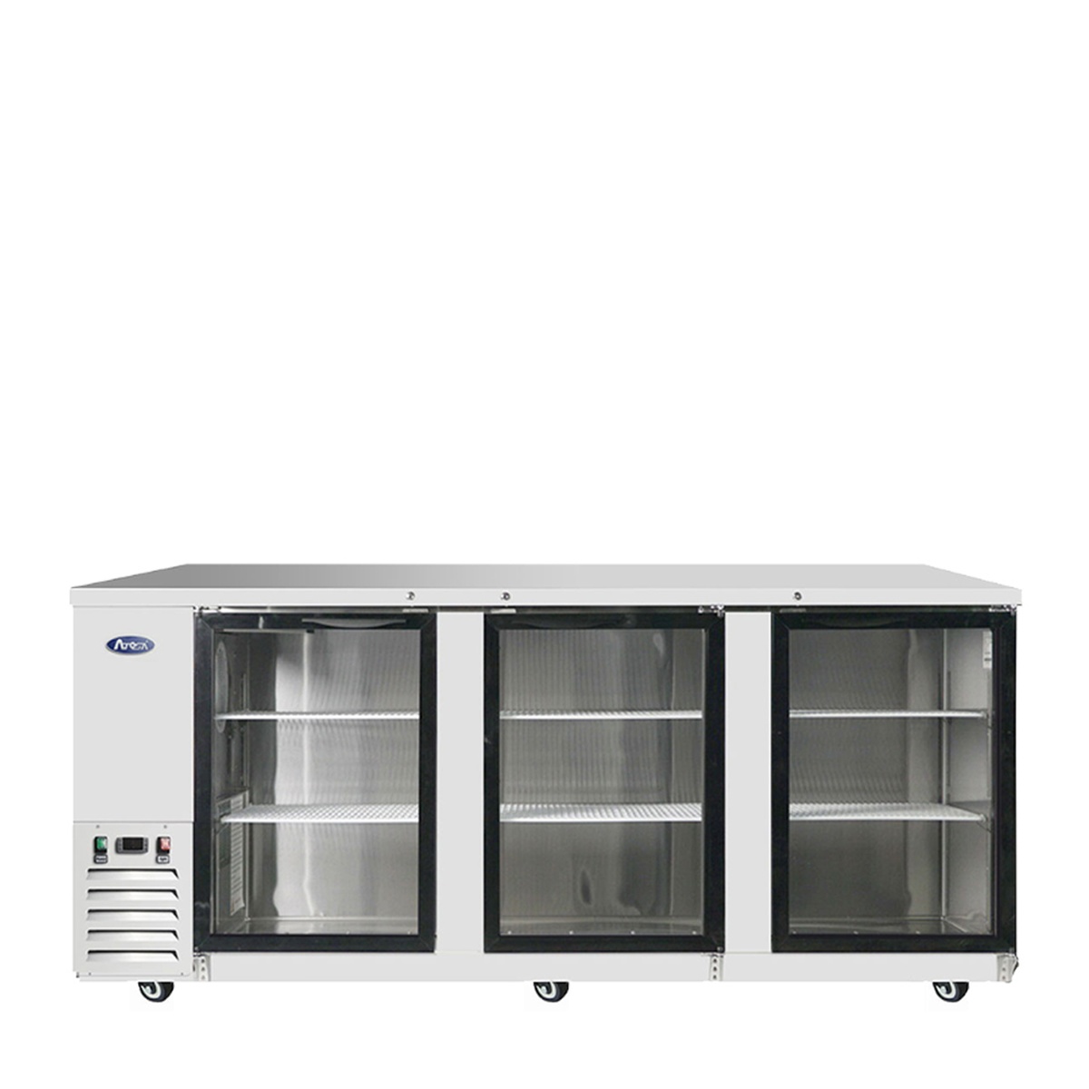 Atosa MBB90GGR 90-inch three-section back bar cooler, front view with glass doors closed