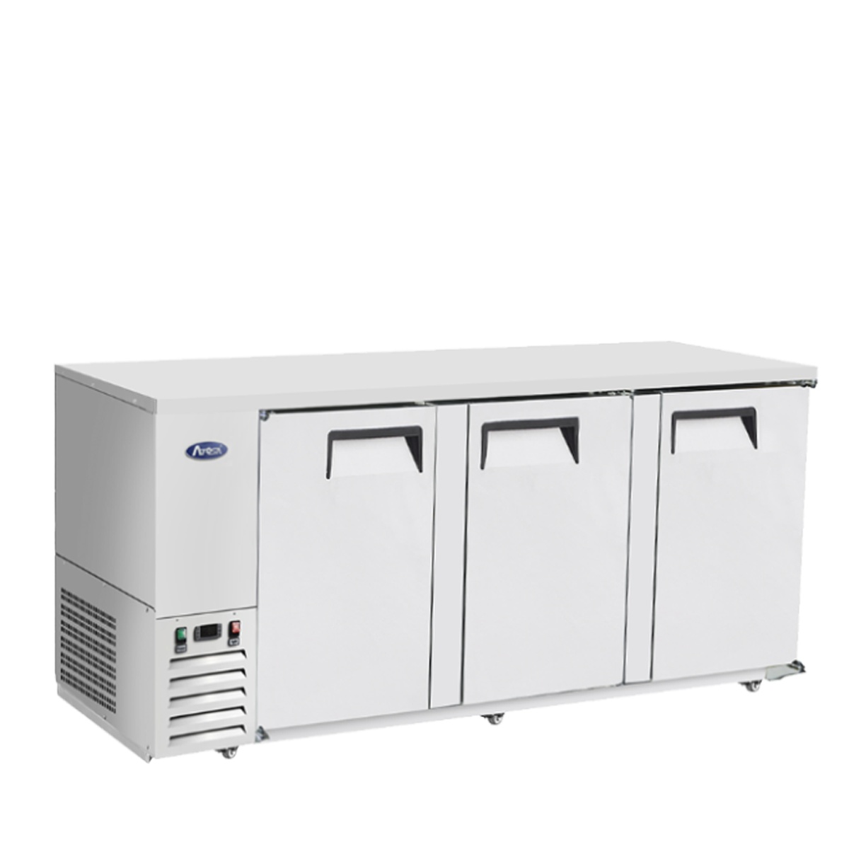 Atosa MBB90GR back bar cooler angled three-quarter view showing side-mounted compressor unit and casters