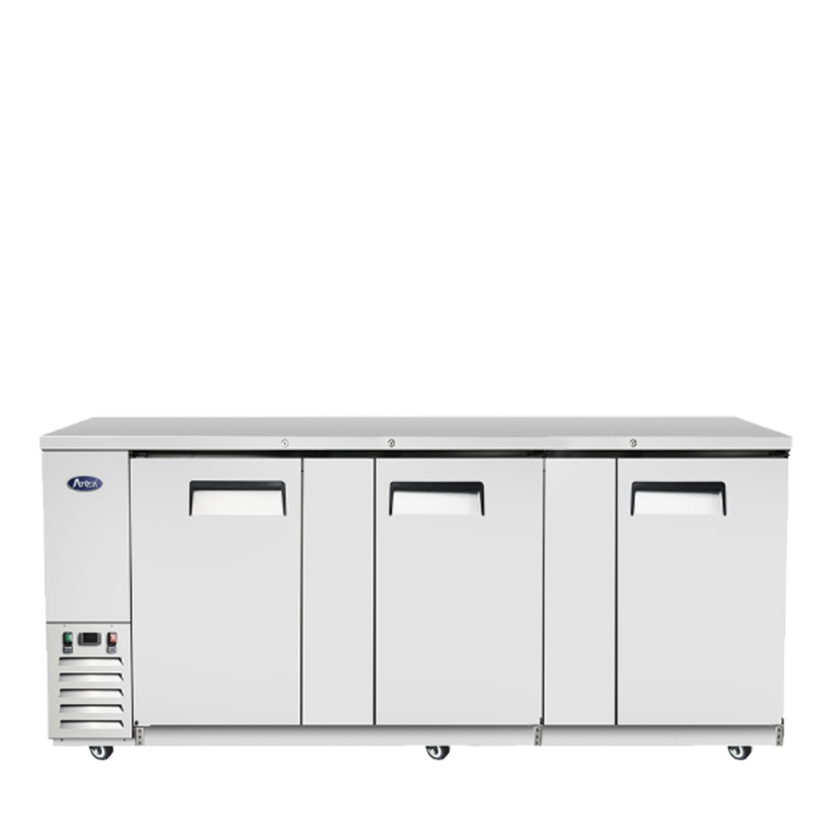 Atosa MBB90GR 90-inch three-section back bar cooler, front view with solid stainless steel doors closed and side-mounted compressor visible