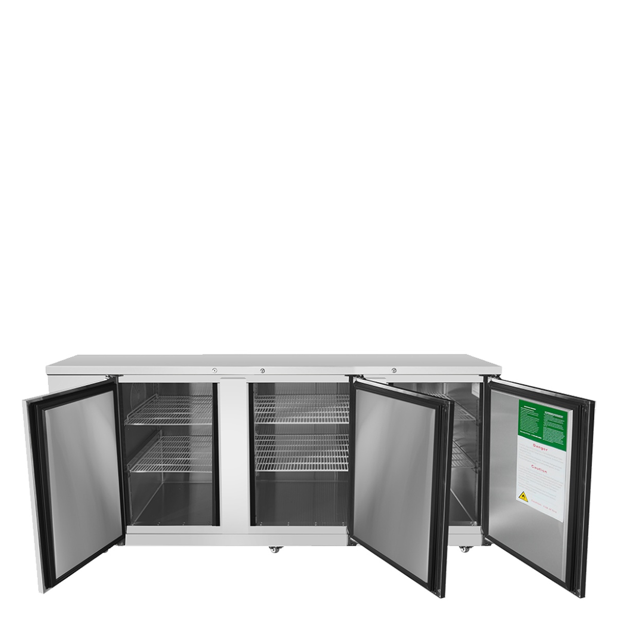 Atosa MBB90GR back bar cooler with all three doors open revealing stainless steel interior and epoxy-coated wire shelves