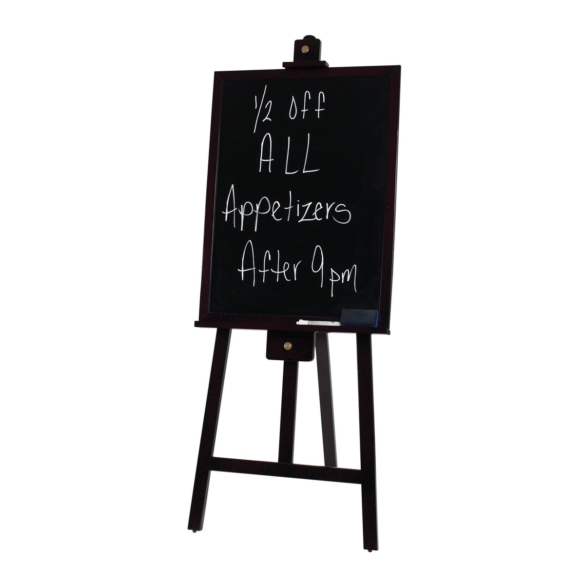 Winco MBBE-3 easel displayed with a chalkboard menu board showing promotional messaging