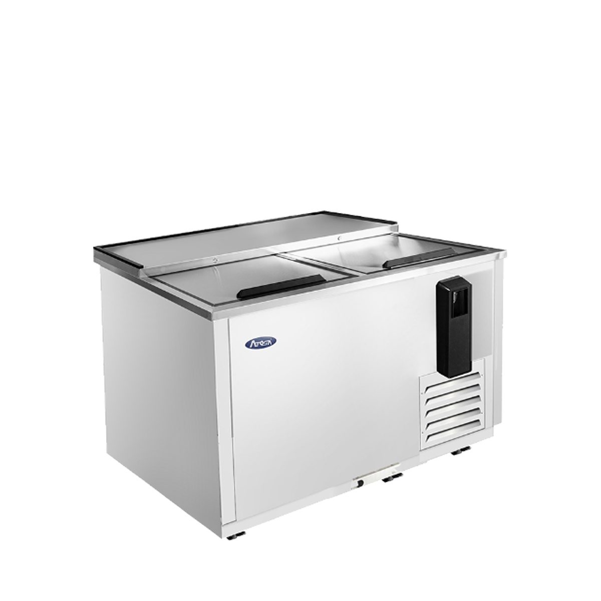 Angled front view of Atosa MBC50GR bottle cooler with locking sliding lids