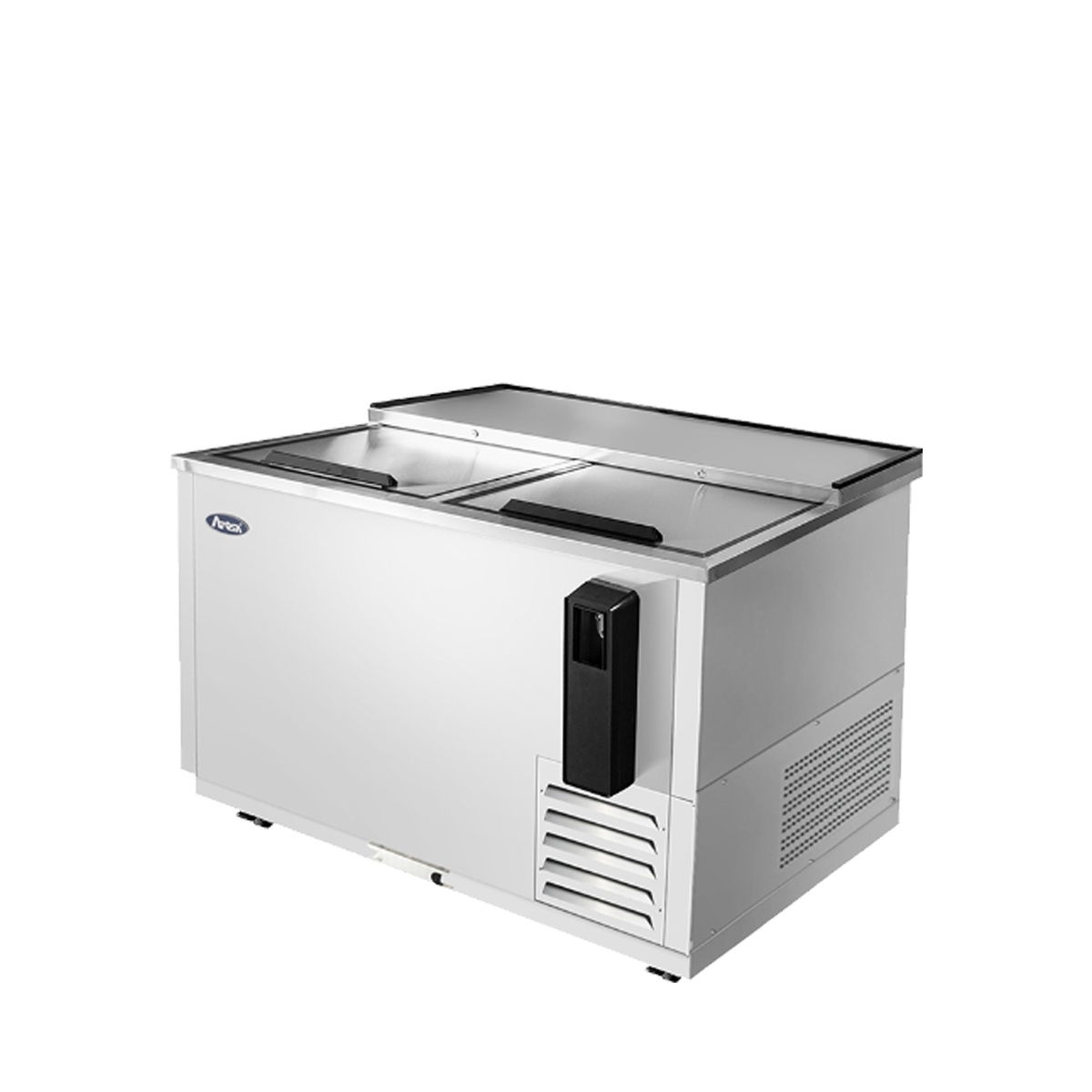 Angled view of Atosa MBC50GR bottle cooler showing side-mounted refrigeration area