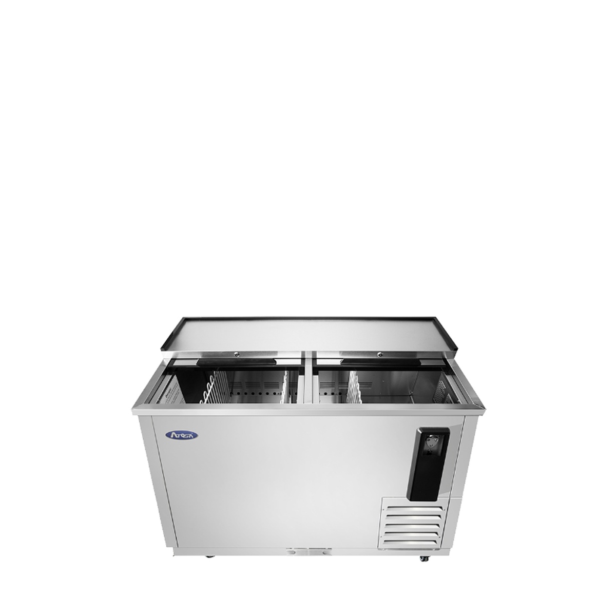 Open top view of Atosa MBC50GR bottle cooler showing interior storage and dividers