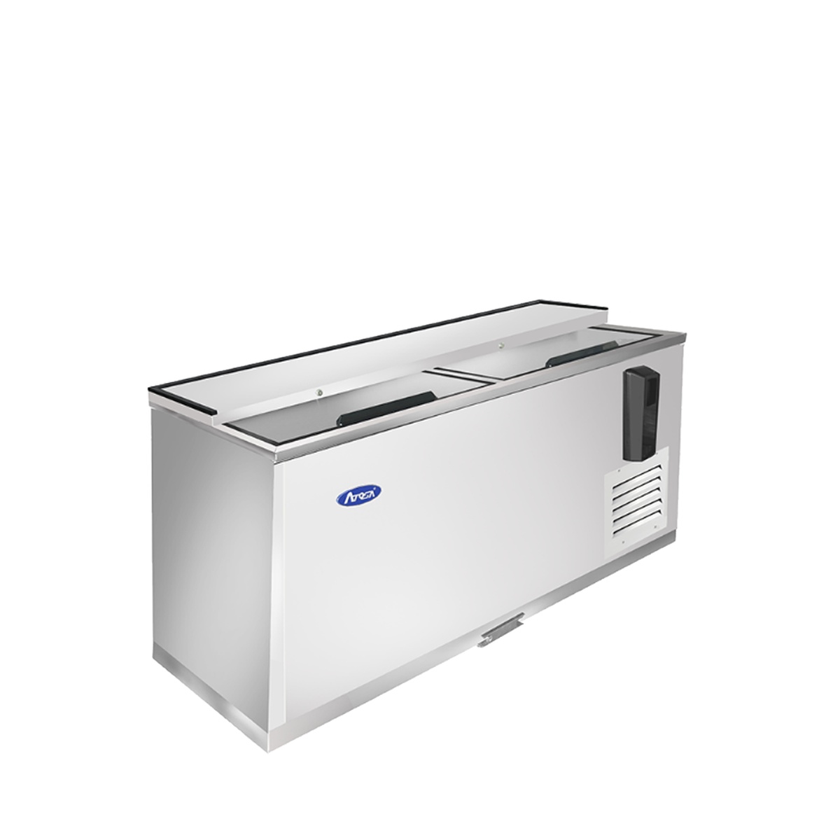 Angled view of Atosa MBC65GR bottle cooler showing side-mounted compressor area