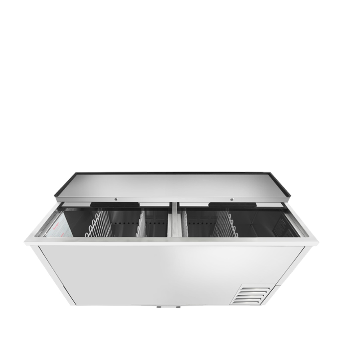 Top view of Atosa MBC65GR bottle cooler with sliding lids open and dividers