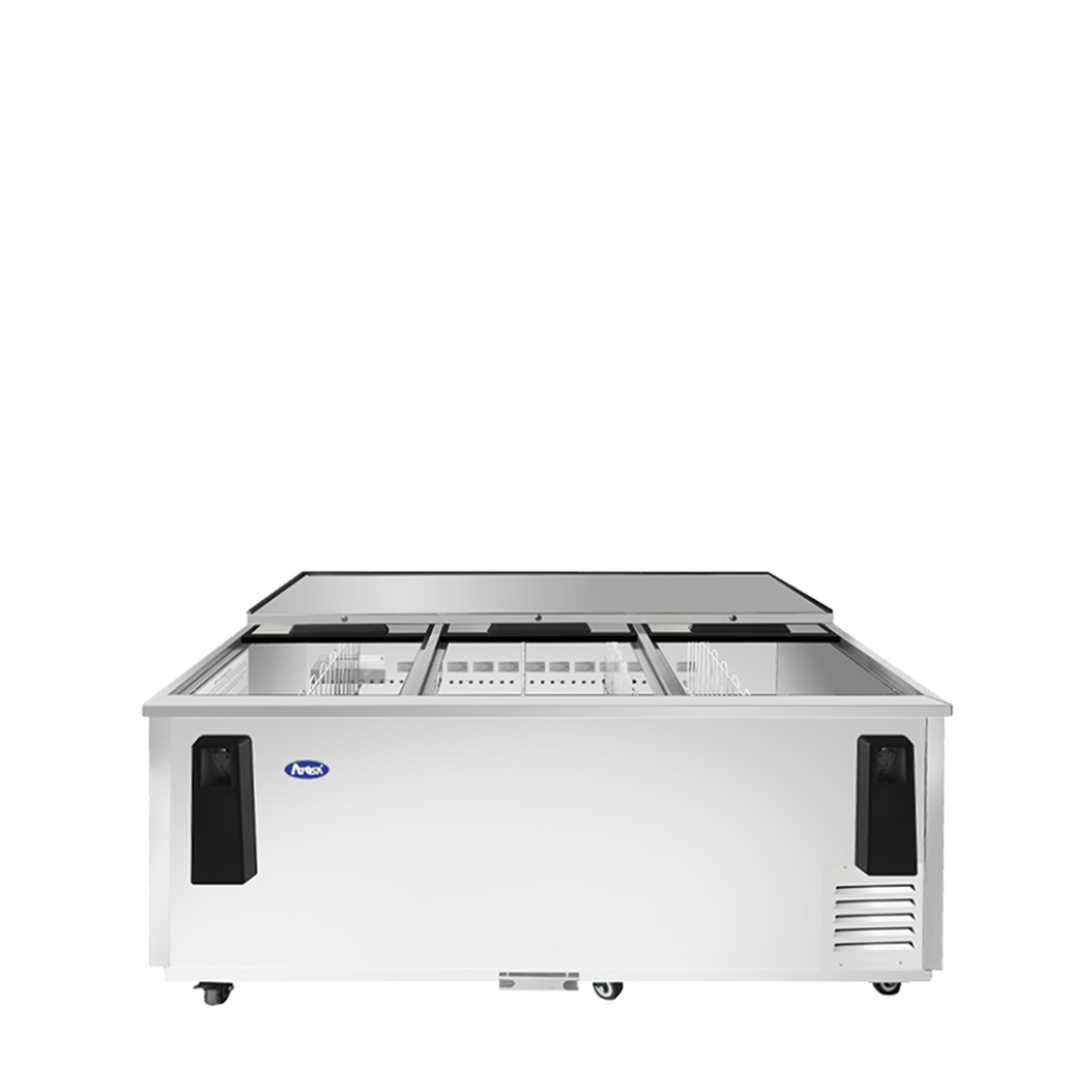 Atosa MBC80GR bottle cooler with sliding lids open showing divided interior storage