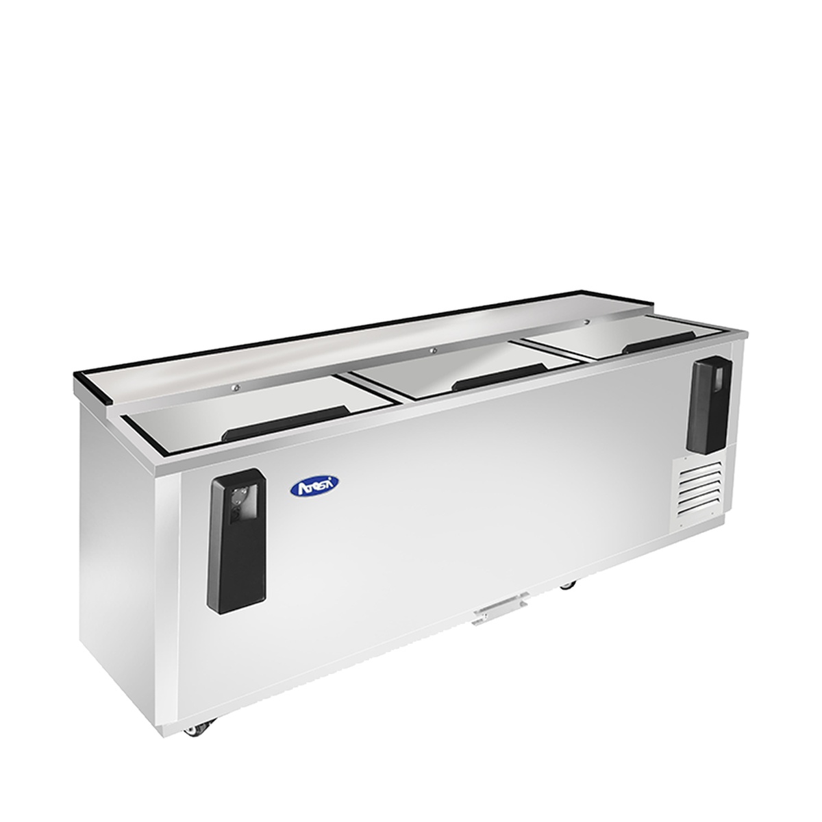 Angled view of Atosa MBC80GR stainless horizontal bottle cooler showing lid handles and side-mounted vent