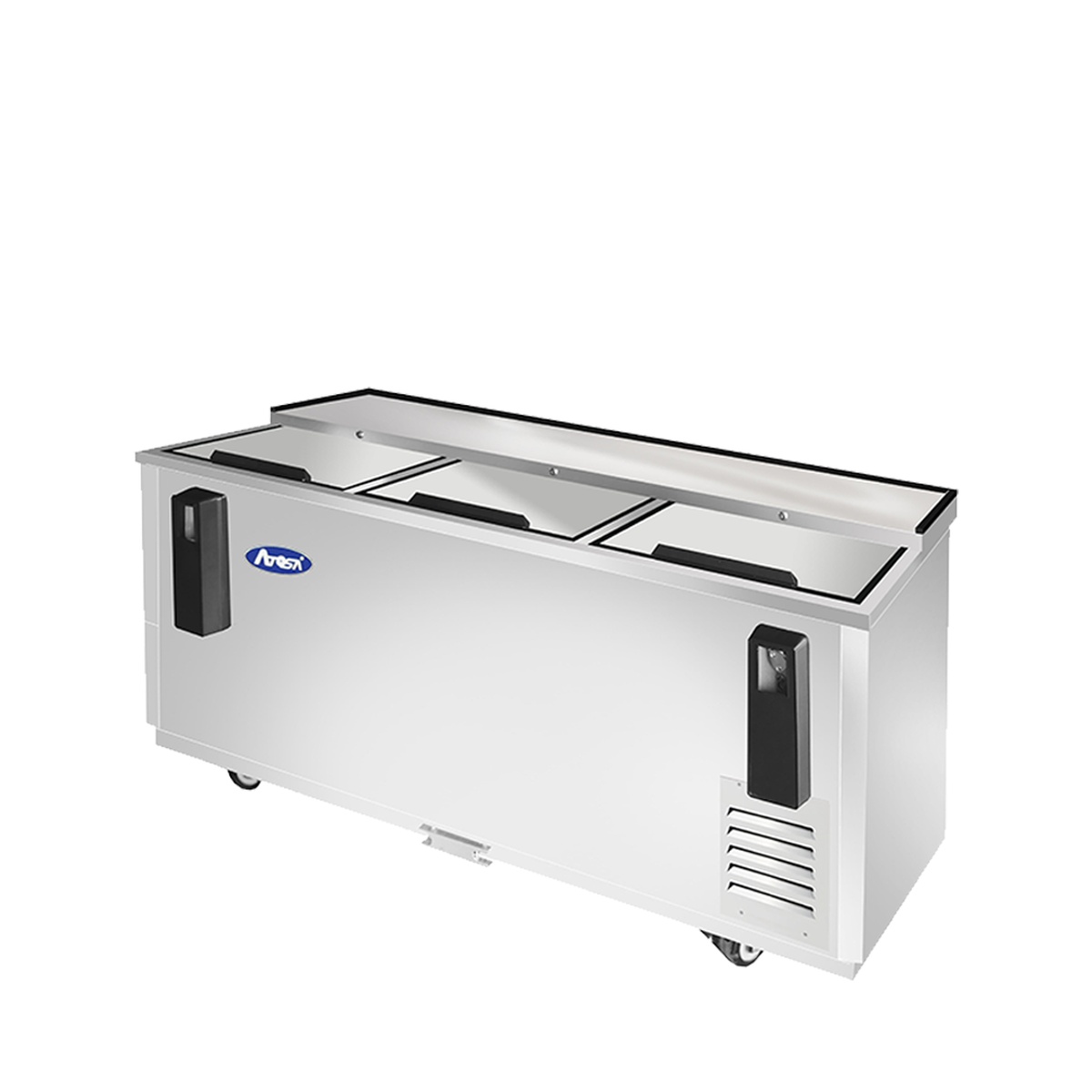 Atosa MBC80GR bottle cooler three-quarter view highlighting stainless construction and casters