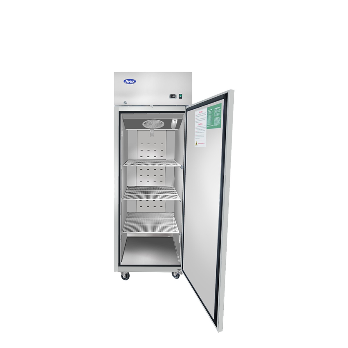 Atosa MBF8001GR freezer with door open showing three wire shelves