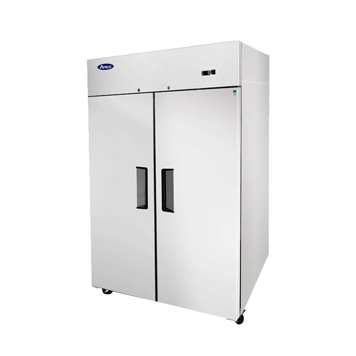 Three-quarter view of Atosa MBF8002GR freezer showing cabinet depth