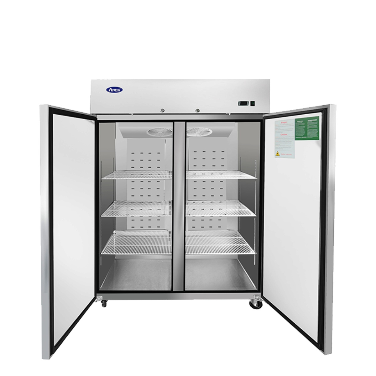 Interior view of Atosa MBF8002GR freezer with doors open and wire shelves