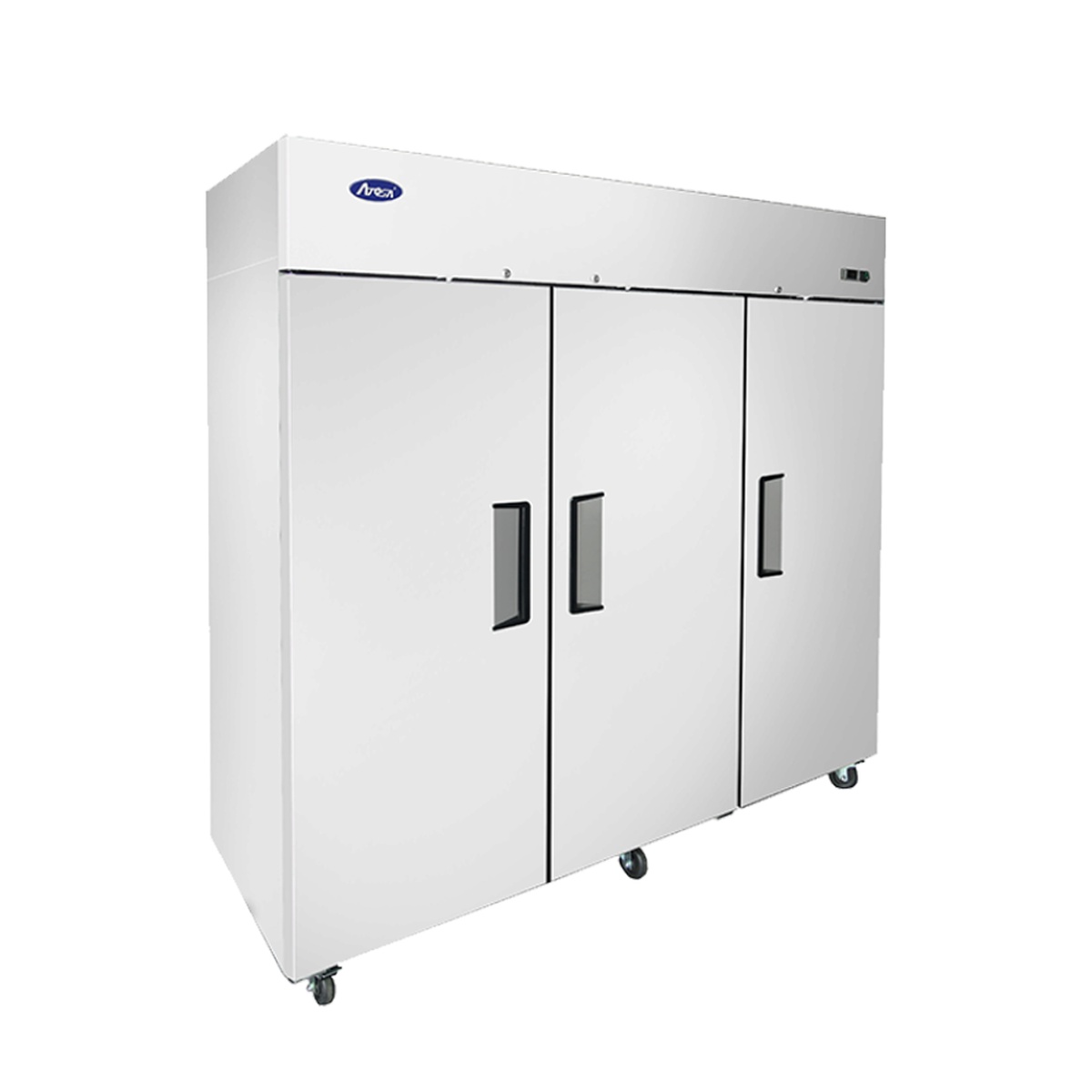 Atosa MBF8003GR three-door reach-in freezer, angled side view showing stainless steel exterior and pre-installed casters