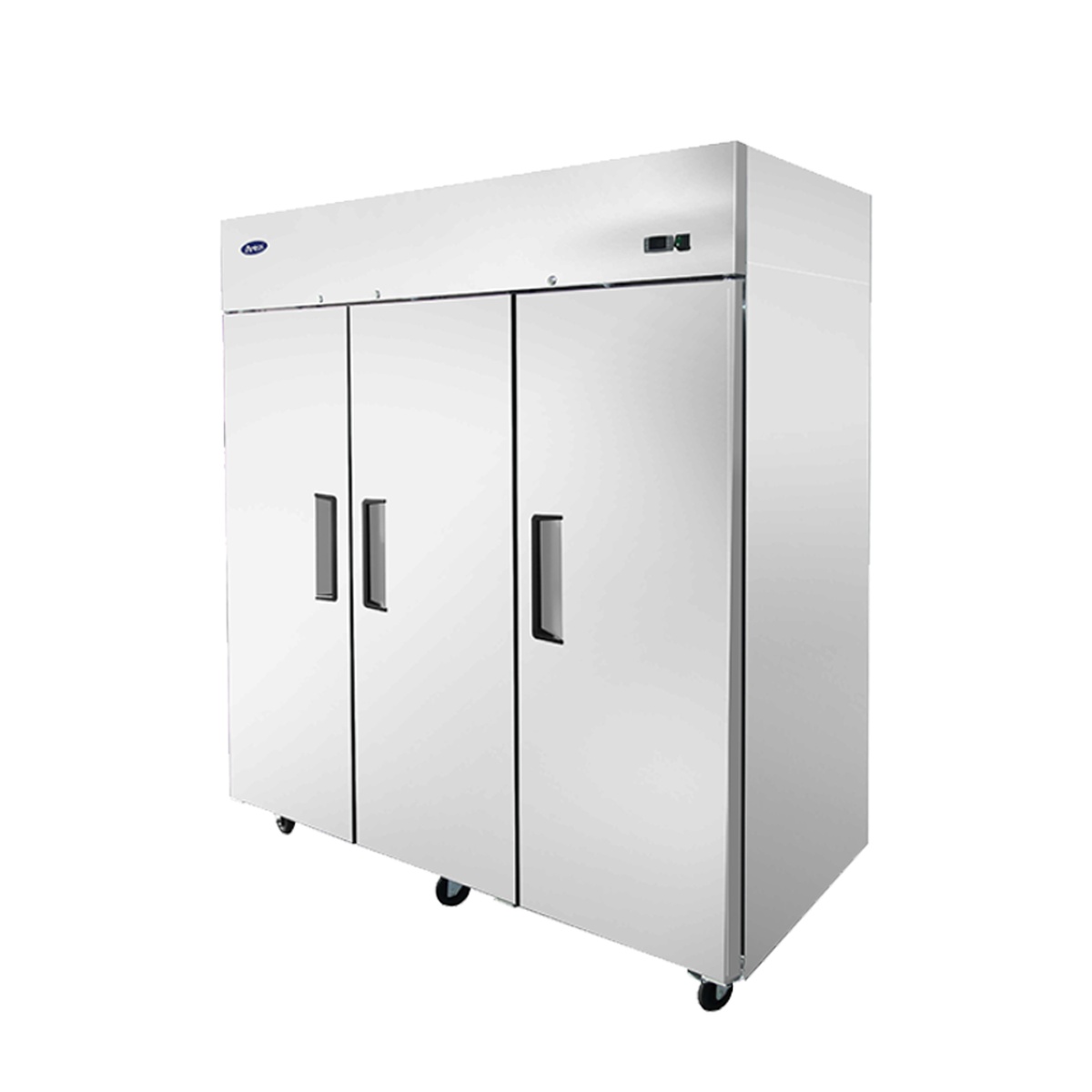 Atosa MBF8003GR three-door reach-in freezer, alternate angled view showing top-mount compressor housing and caster wheels