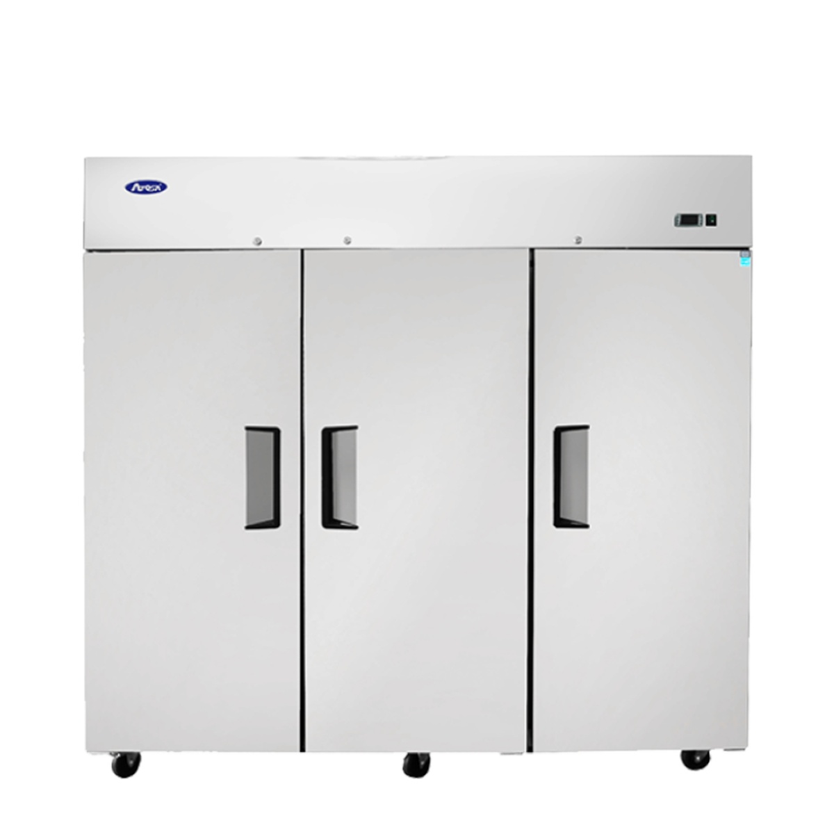 Atosa MBF8003GR three-door reach-in freezer, front view with closed stainless steel doors and top-mount compressor