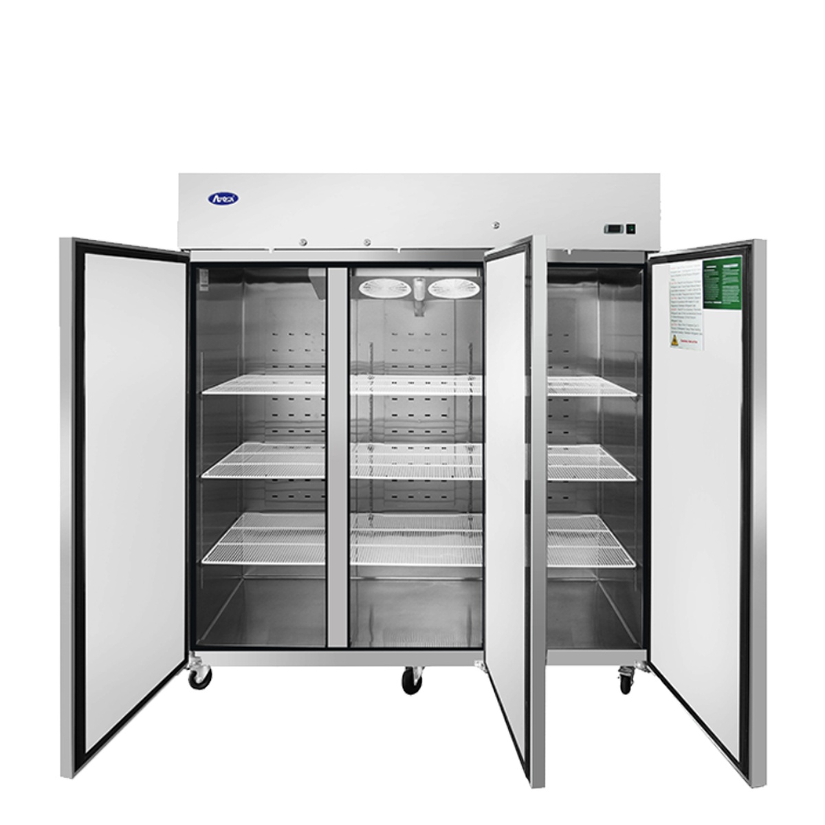 Atosa MBF8003GR with all three doors open, revealing stainless steel interior, adjustable wire shelves, and LED lighting