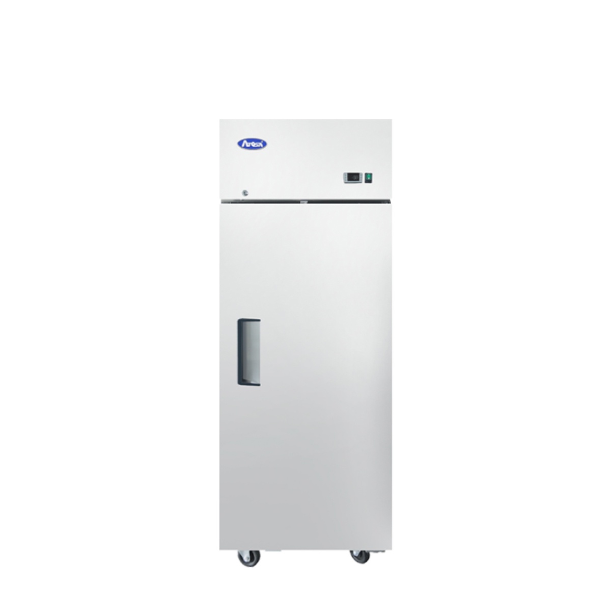 Atosa MBF8004GR single solid door reach-in refrigerator, front closed view on casters