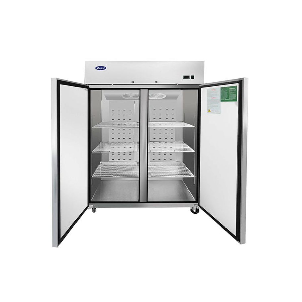 Atosa MBF8005GR reach-in refrigerator with both doors open, revealing three wire shelves per section and interior fan evaporators