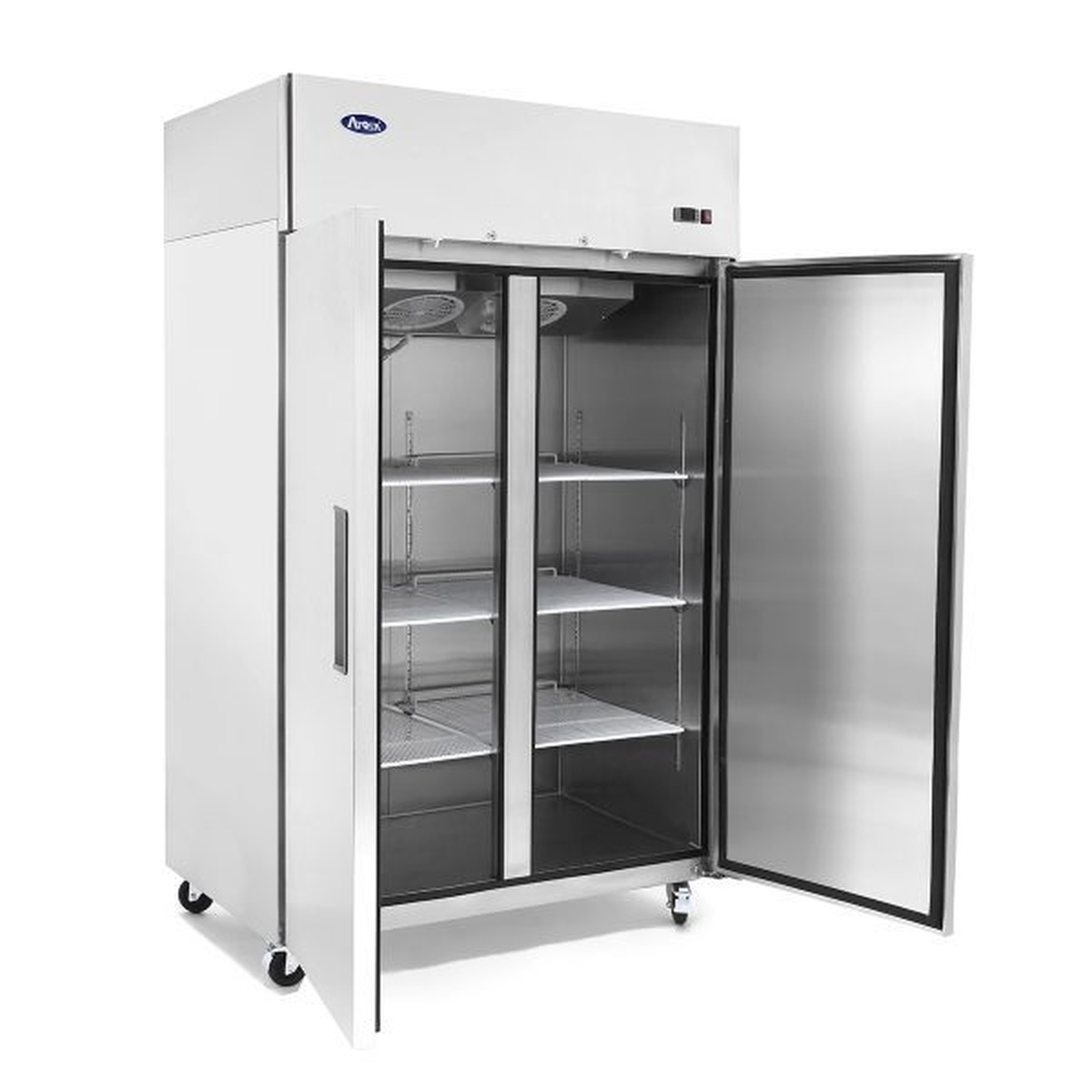 Atosa MBF8005GR reach-in refrigerator angled three-quarter view with one door open, showing interior shelving and pre-installed casters