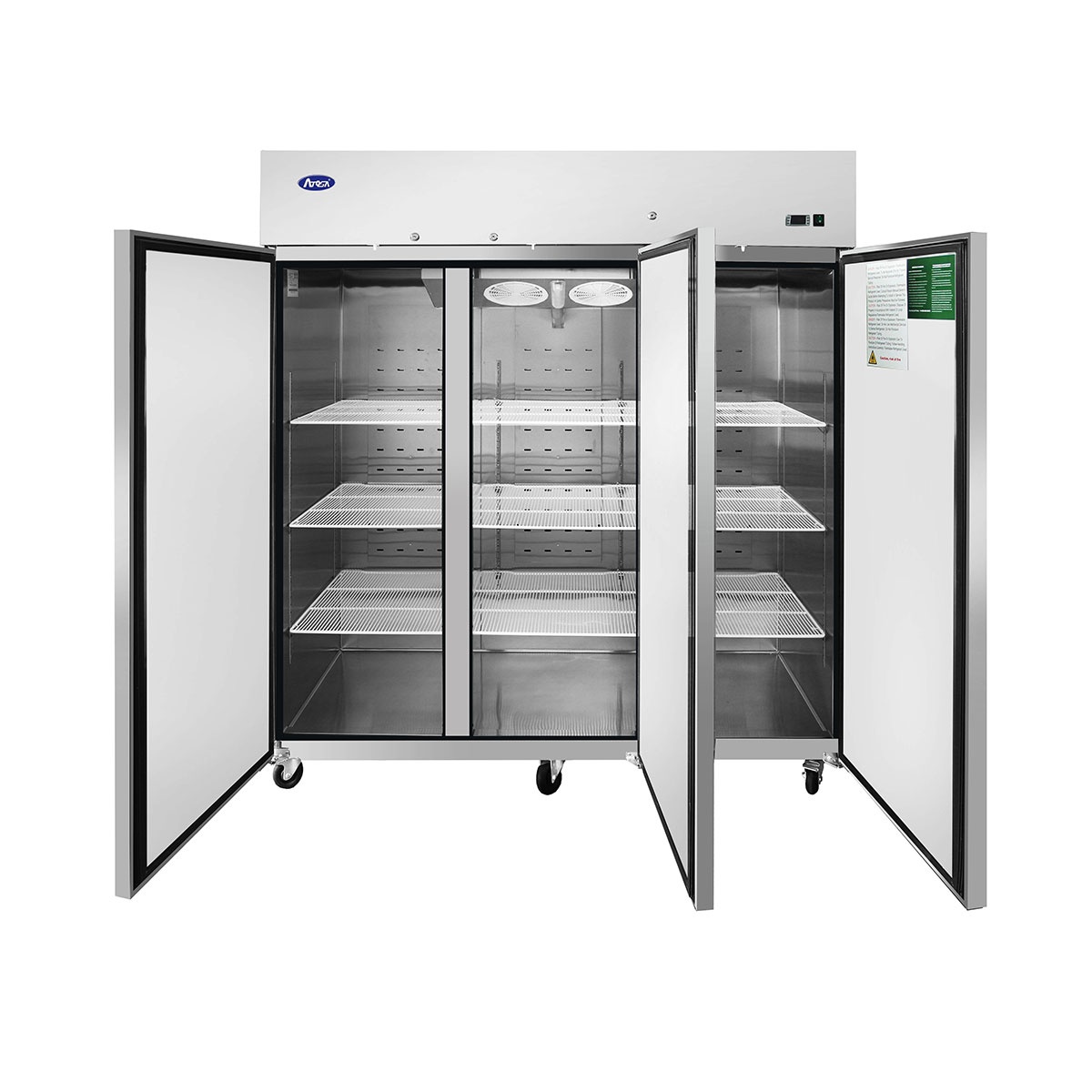 Atosa MBF8006GR interior with all three doors open, showing stainless steel shelves, LED lighting, and top-mount refrigeration ducts