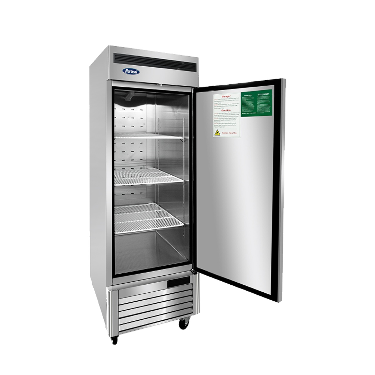 Atosa MBF8501GR freezer interior with door open showing three wire shelves