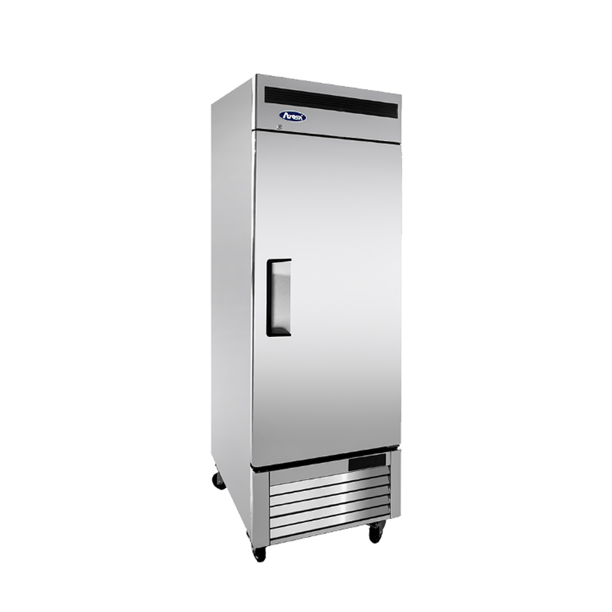 Atosa MBF8501GR reach-in freezer angled side view showing bottom-mount compressor section