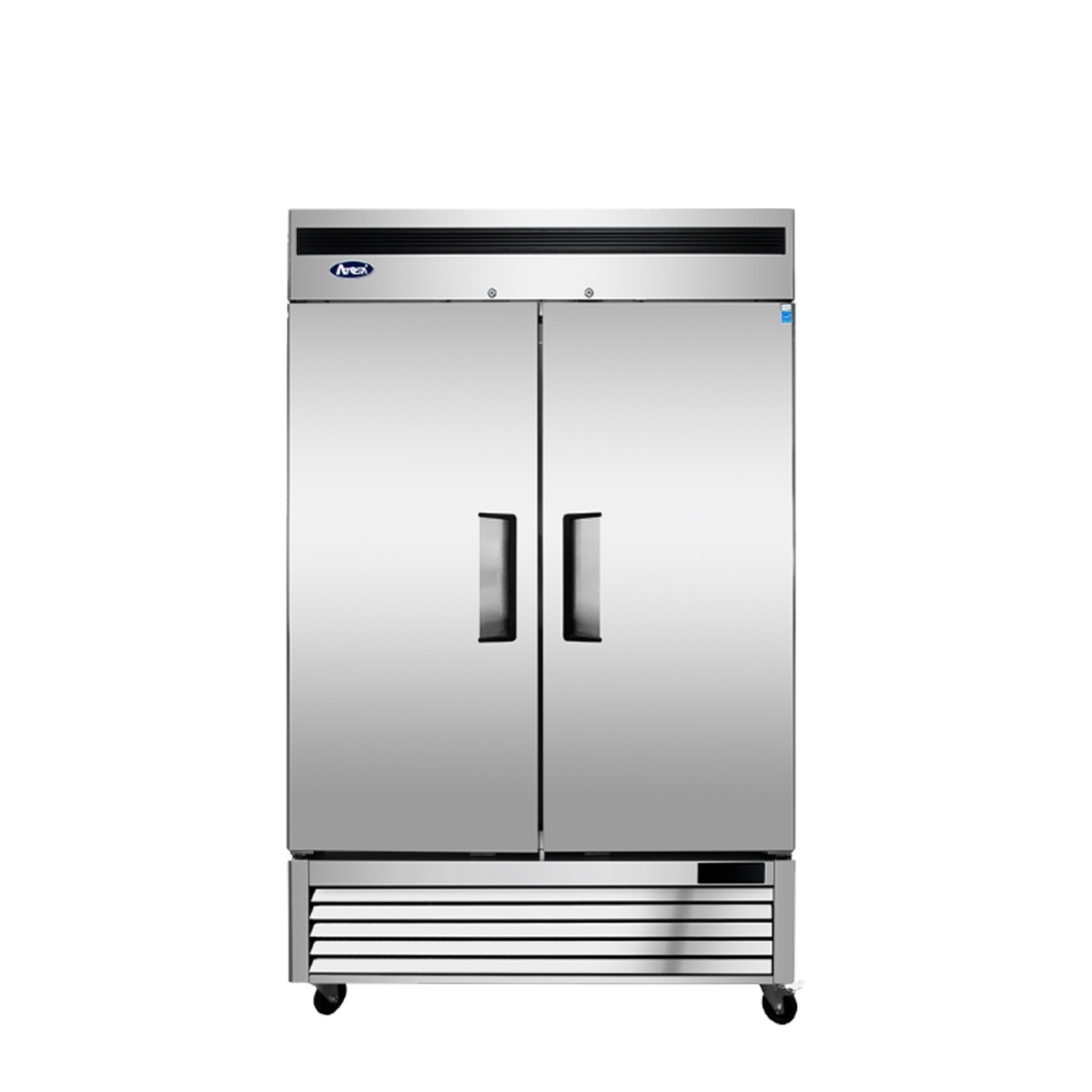 Atosa MBF8503GR two-door reach-in freezer front view showing stainless steel doors and bottom-mount compressor