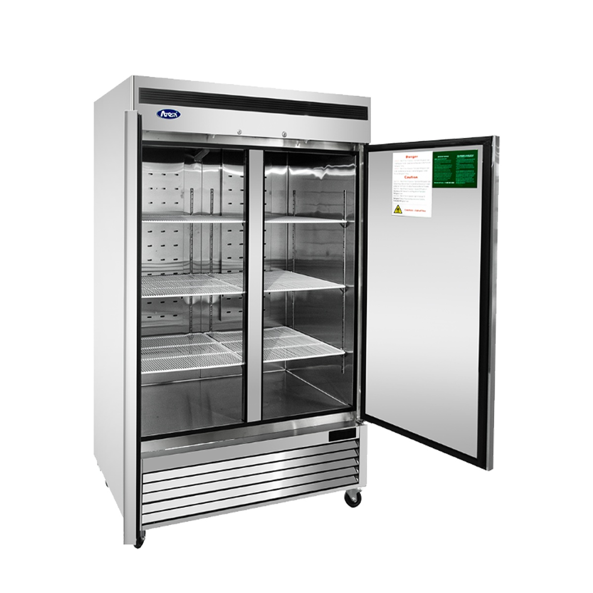 Atosa MBF8503GR reach-in freezer with right door open revealing stainless steel interior shelves and LED lighting