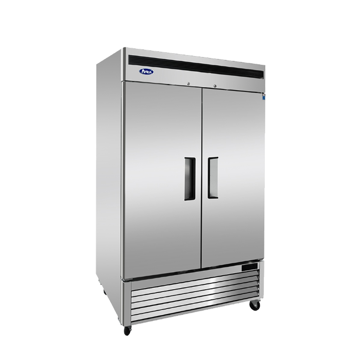Atosa MBF8503GR two-door reach-in freezer three-quarter angle view showing side and front stainless steel panels