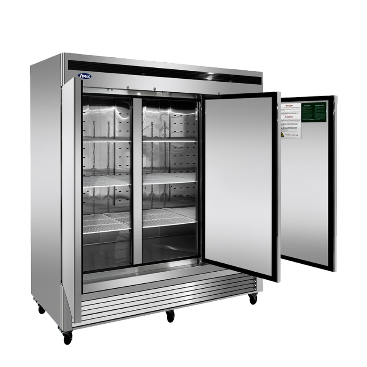 Atosa MBF8504GR reach-in freezer with doors open showing adjustable shelves