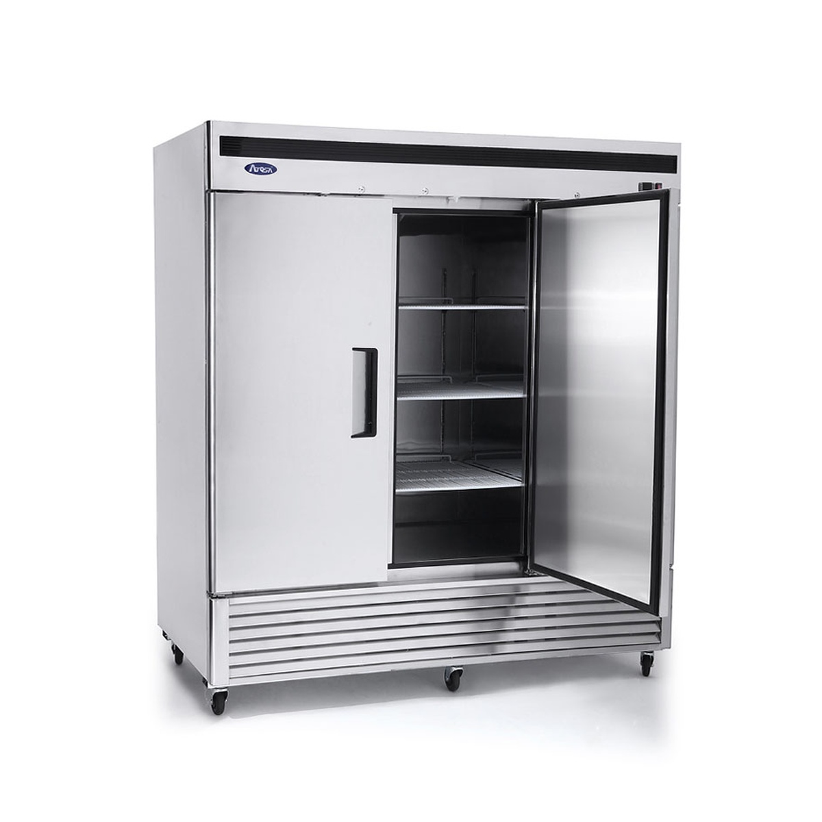 Atosa reach-in freezer showing one door open and interior shelving