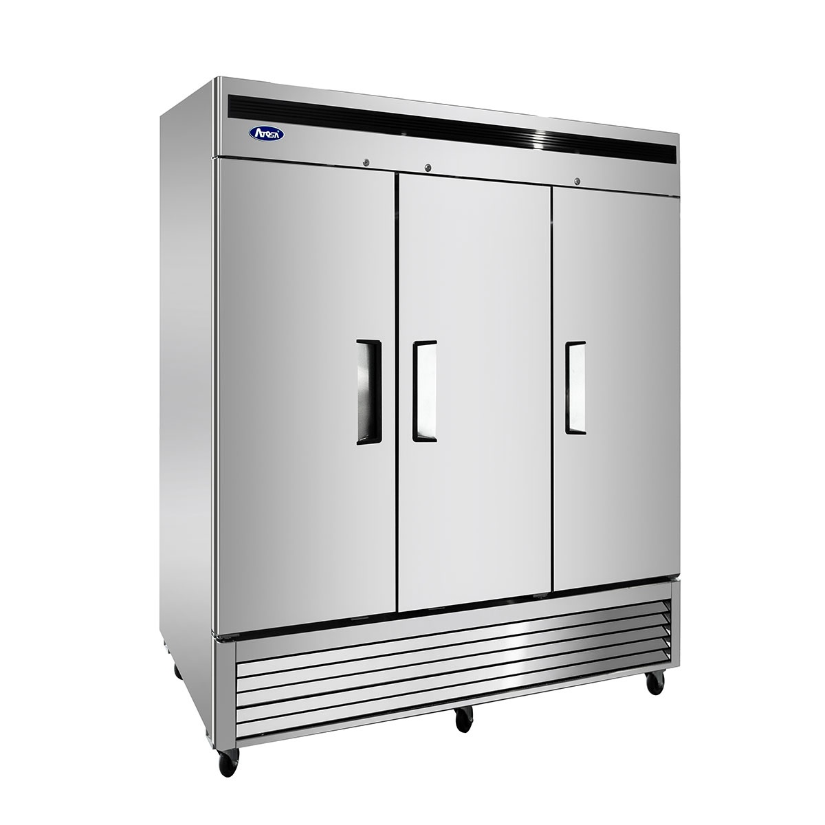 Angled view of Atosa MBF8504GR bottom-mount three door reach-in freezer