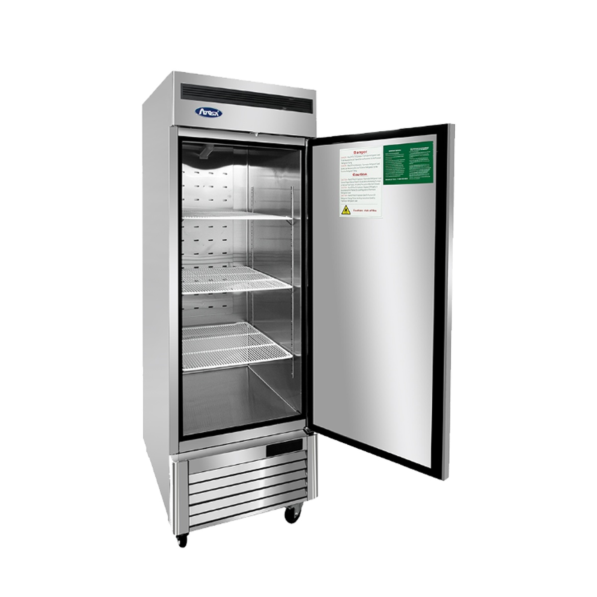 Atosa MBF8505GR reach-in refrigerator with solid door open, showing three wire shelves and stainless steel interior