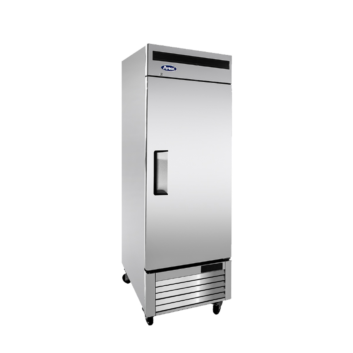 Atosa MBF8505GR bottom-mount reach-in refrigerator, angled view showing stainless steel construction and caster wheels
