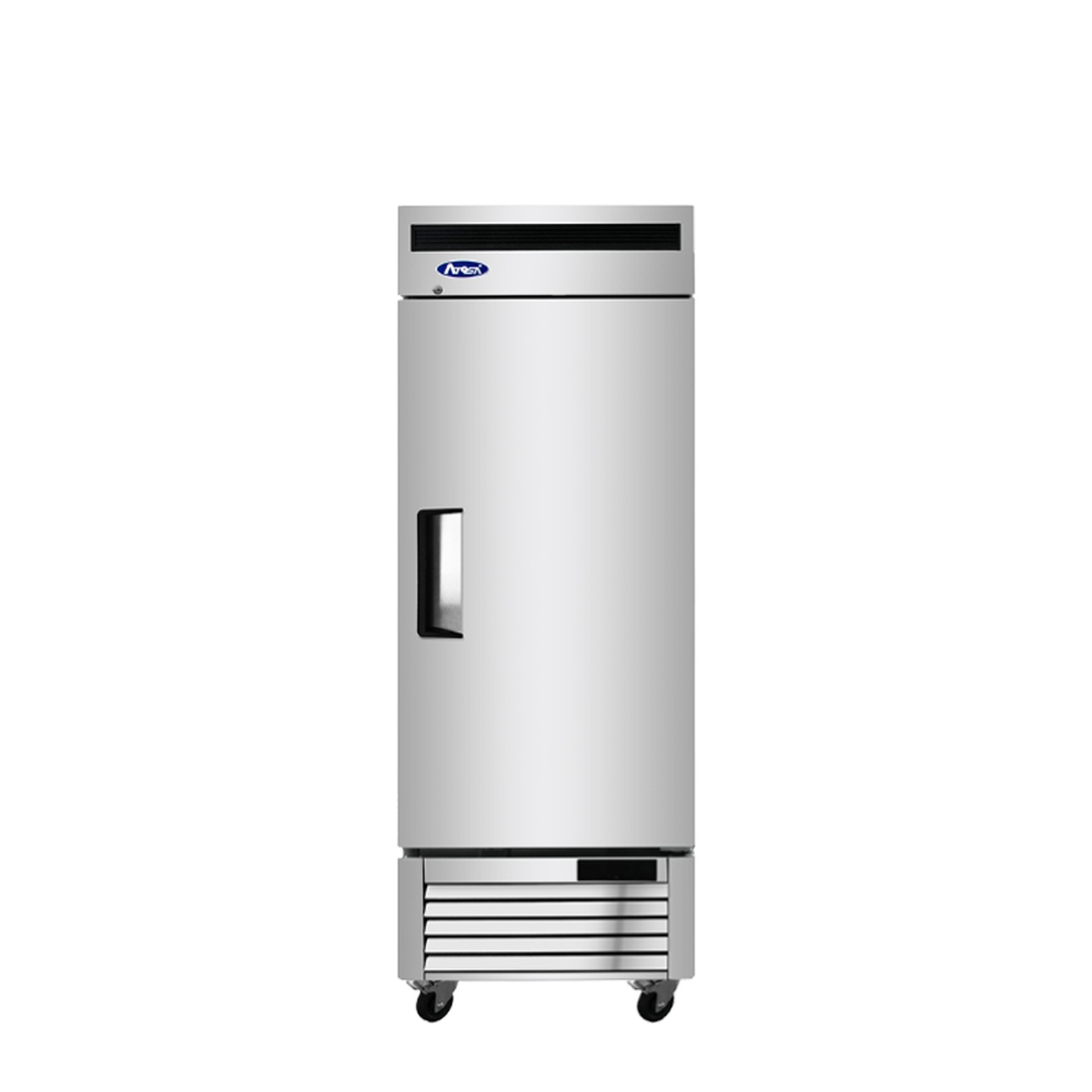 Atosa MBF8505GR single solid door reach-in refrigerator, front view showing stainless steel exterior and recessed handle